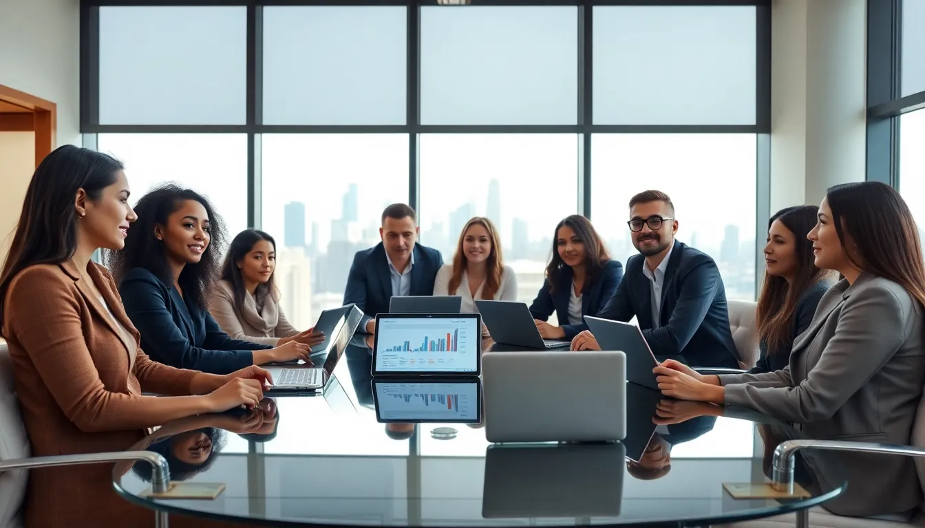 diverse professionals discussing the condo market in a modern office.