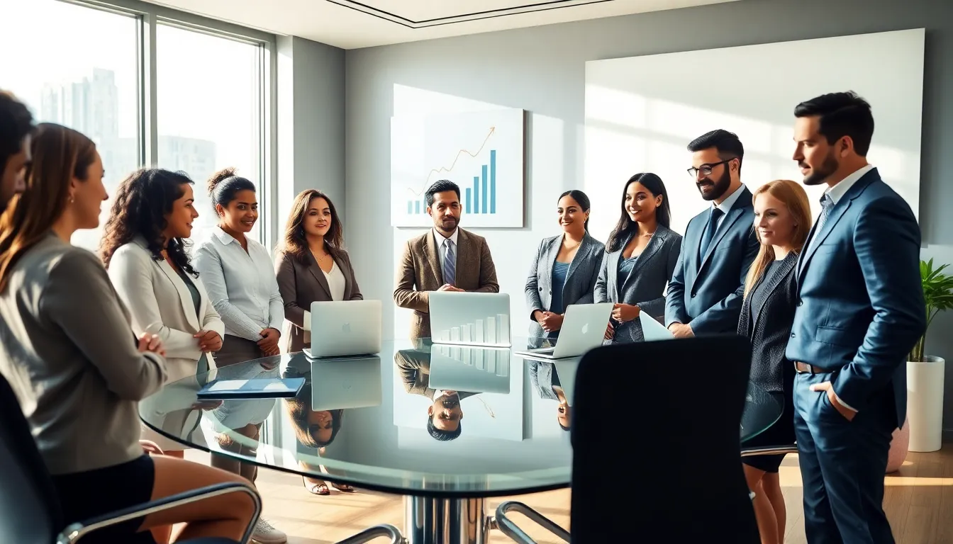 diverse professionals discussing home buying vs renting benefits in a modern office.