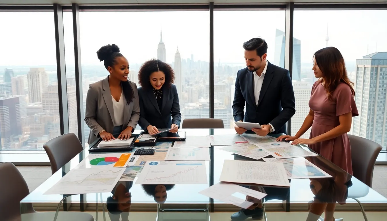 diverse team discussing real estate options in a modern office