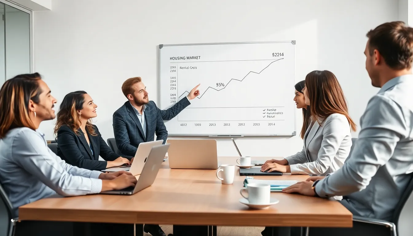 professionals discussing housing market trends in a modern office.