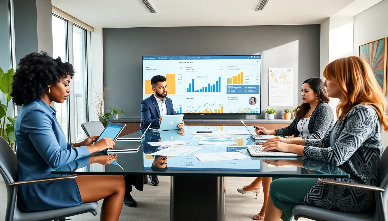 diverse team analyzing vacation rental market trends in a modern office.