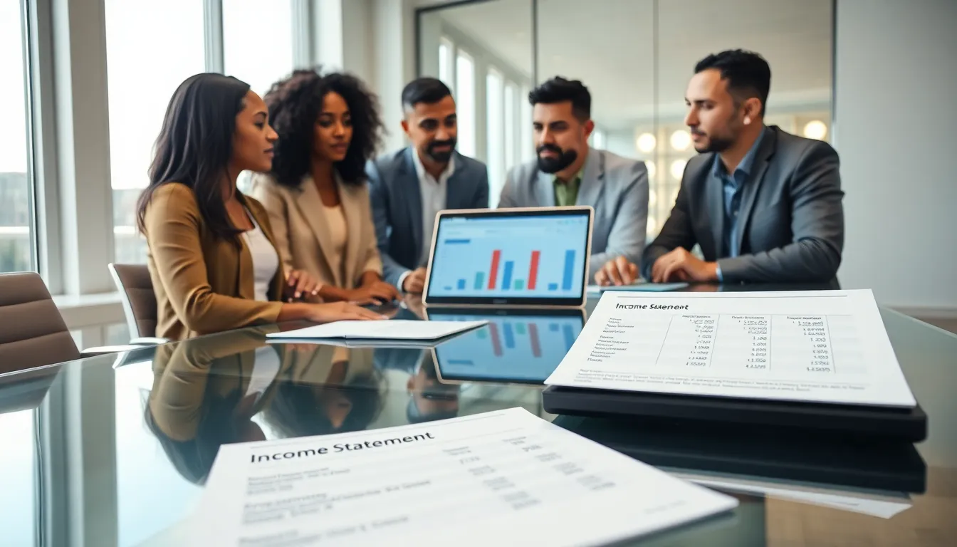 diverse professionals reviewing a rental property income statement in an office.